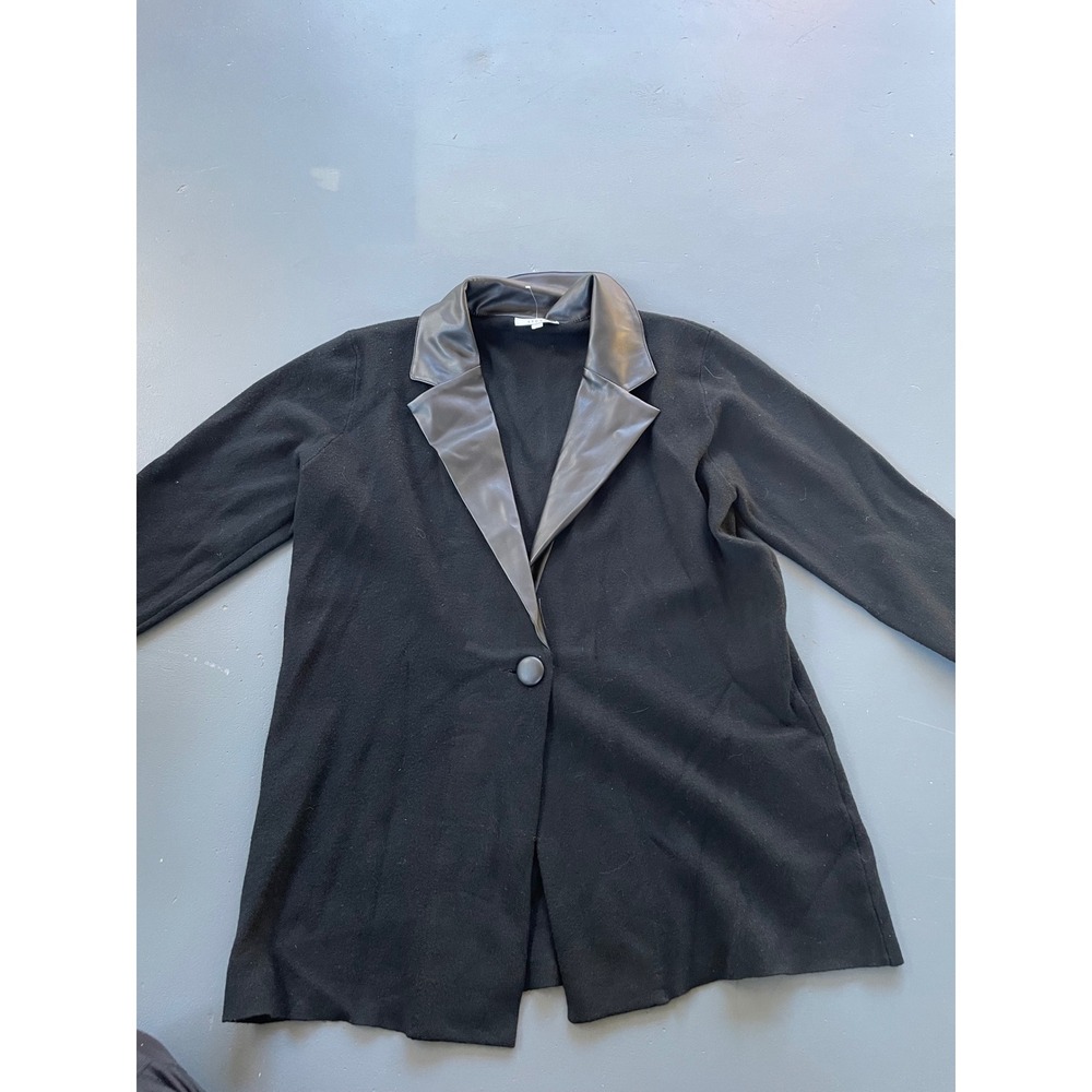 Sioni Womens Black Knit Blazer Faux Leather Lapel Single Button Jacket Size L